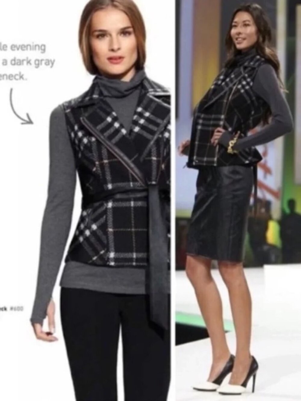 CABI #517 Wool Blend Grid Moto Plaid Faux Leather Belted Vest